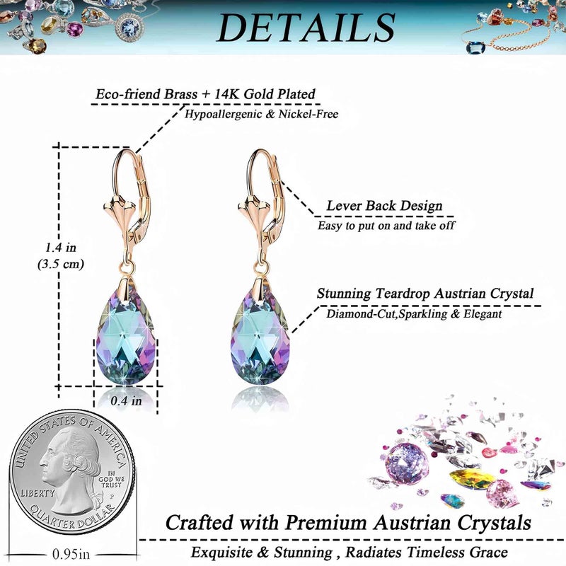 EVEVIC Austrian Crystal Teardrop Leverback Dangle Earrings for Women Fashion 14K Gold Plated Hypoallergenic Jewelry (Vitrail Light) - Image 4